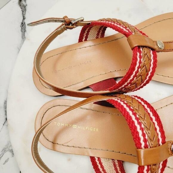 Tommy Hilfiger Sandals Womens 7.5 Preppy Nautical Thong Toe Ring Sandals Red Tan - Picture 7 of 13